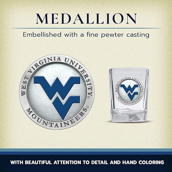 Heritage Pewter University of West Virginia Square Shot Glass | Hand-Sculpted 1.5 Ounce Shot Glass | Intricately Crafted Metal Pewter Alma Mater Inlay