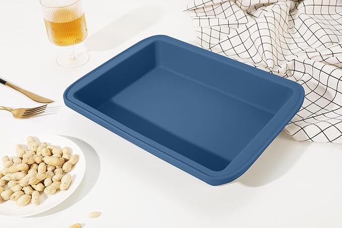 Sunsetbaby Silicone Baking Pan, Deep Rectangular Bakeware Cake Pan with Handles, Compatible with Fancy Panz, for Lasagna, Cake, Brownie or Family Dinner, 12.6 x 9.8 x 2.1 Inch (Blue)