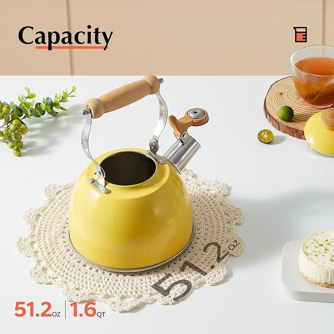 ROCKURWOK Tea Kettle, Tea Pot with Cool Touch Ergonomic Handle, Teapot Food Grade Stainless Steel, Tea Kettle Stovetop, Kettle Teapot, Whistling Tea Kettle, Small Tea Kettles, 1.6 Quart (Yellow)