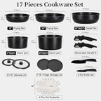 JEETEE Pots and Pans Set Non Stick 17pcs, Kitchen Cookware Sets with Detachable Handle, Induction Nonstick Cookware Set with Removable Handle, Stackable RV Cookware, Oven Safe, PFAS/PFOA Free, Black