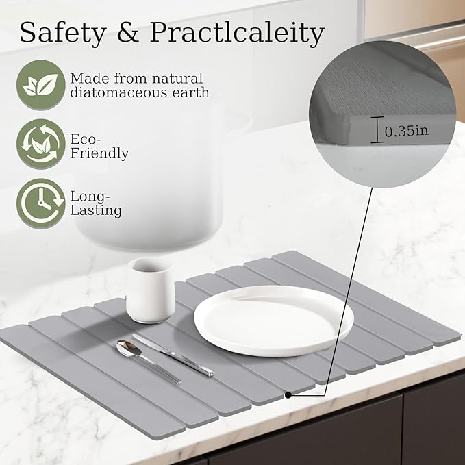 Hopegiver Stone Drying Mat for Kitchen Counter, 23.62"x15.35" Quick Dry Collapsible Mat Kitchen, Gray Absorbent Diatomaceous Earth Dish Drying Mat for Countertops, Sink, Bathroom, with Sanding Sponge