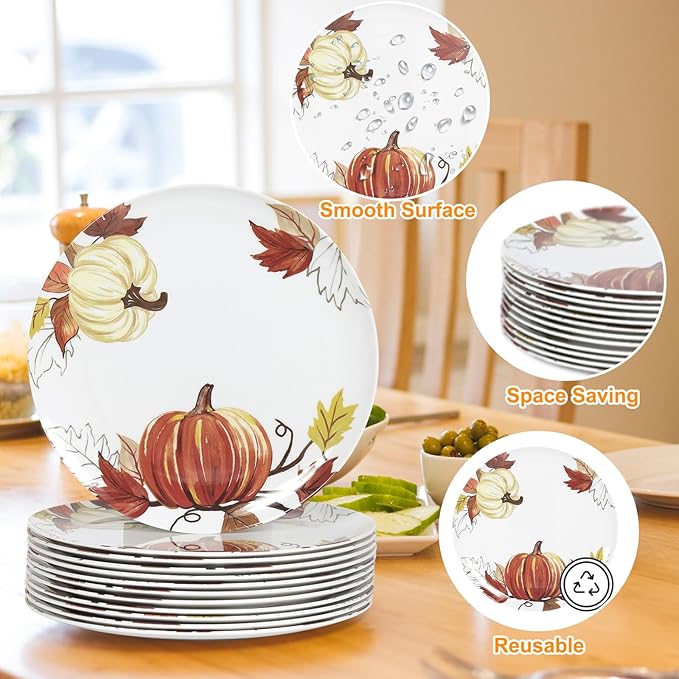 12pcs ‌Melamine Dinner Plates,10 Inch ‌Pumpkin & Autumn Leaf Decorations Plate,Reusable Melamine Dishes Set for Thanksgiving & Fall Decor‌ Party, Ideal for Salad,Dessert,Fruit and Cakes