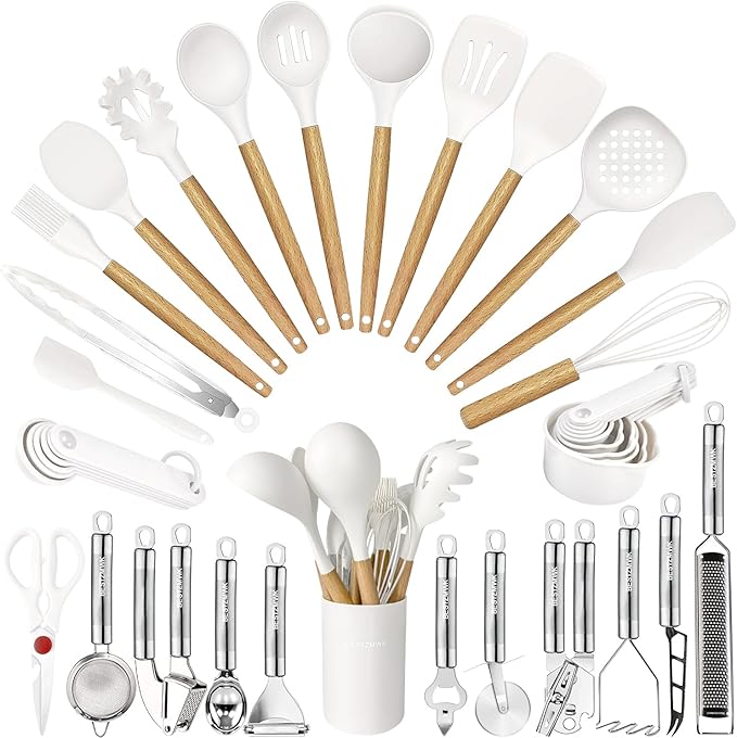 Cooking Utensils Set- 35 PCs Kitchen Utensils with Grater,Tongs, Spoon Spatula &Turner Made of Heat Resistant Food Grade Silicone and Wooden Handles Kitchen Gadgets Tools Set for Cookware