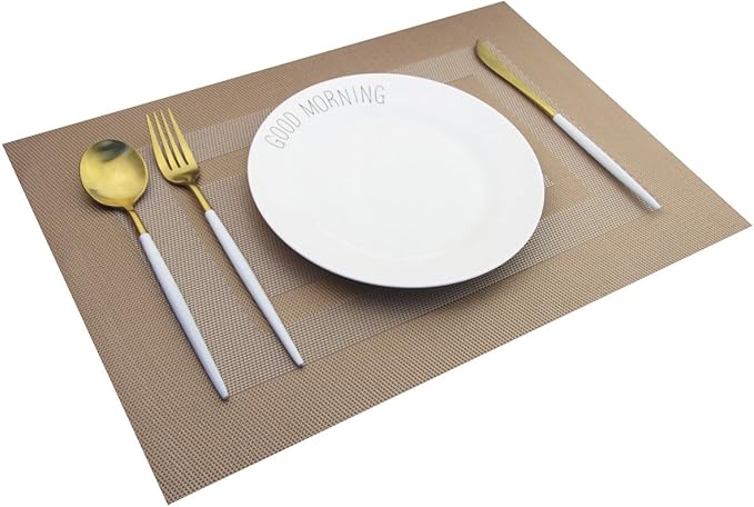 PIGCHCY Placemats Set of 6,Washable Woven Vinyl Kitchen Table Mats Non Slip Durable Placemats,Heat Resistant Placemats for Dining Table (Champagne)