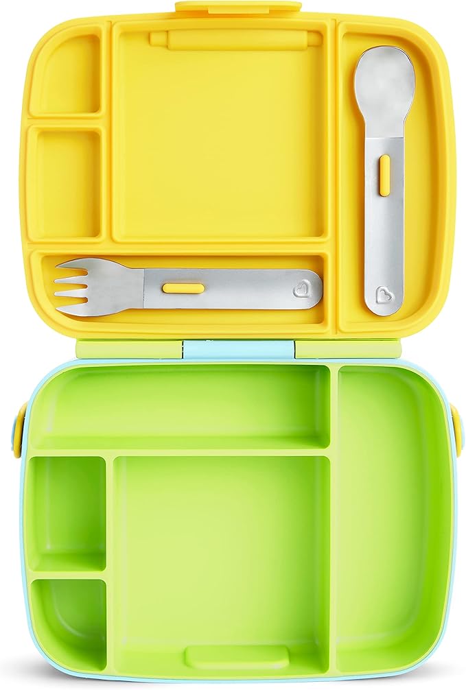 Munchkin Lunch Bento Box for Kids and Toddlers, Includes Stainless Steel Utensils, BPA-Free, 18 Months and Up, Blue/Green/Yellow
