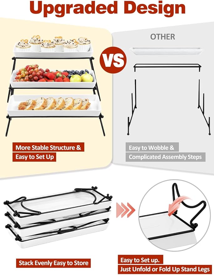 Yedio 3 Tier Serving Tray Set, 14" White Porcelain Platters with Collapsible Metal Stands, Tiered Serving Stand for Party Food Display, Cupcakes, Desserts, Fruit & Appetizers