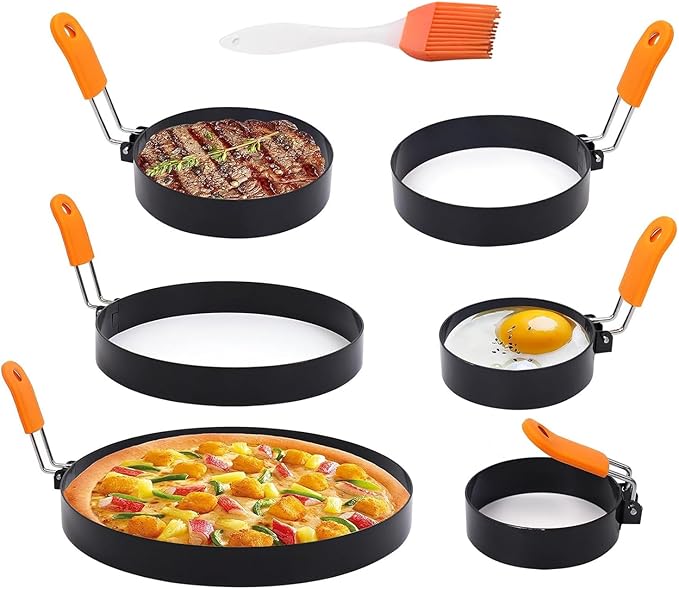 6 Packs Professional Pancake Ring Set,3" Omelette Ring,4" Non-stick Griddle Pancake Shapers with Oil Brush,6" Stainless Fried Egg Molds with Orange Anti-scald Silicone Handle,8" Pancake Molds