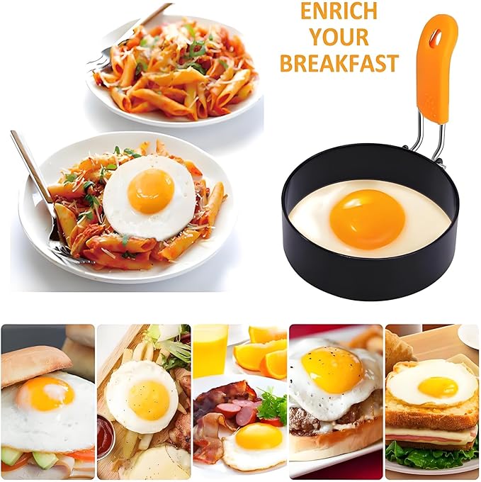 4PCS 3.5" Stainless Steel Egg Ring, Non Stick Omelet Mold with Brush Professional Pancake Mold Ring with Silicone Handle Egg Muffin for Breakfast, Mini Pancakes, and Fried Eggs.