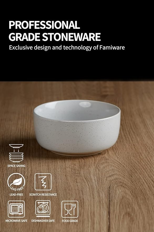 famiware Milkyway Cereal Bowl, Soup Bowls for 4, 25 Ounce Bowls Set for Kitchen, Bowl Set for Cereal Soup Rice Pasta Salad Oatmeal, Light Gray