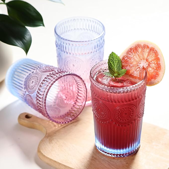 6pcs Vintage Drinking Glasses Set, 12 oz Glass Cups, Embossed Ribbed Glassware Water Tumblers for Cocktail, Water, Juice, Beer, Whiskey
