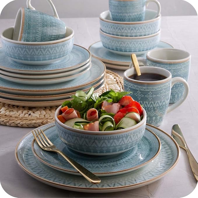 "Corona Dinnerware Set 16– piece, Plates Bowls and Mugs Set, Ceramic Sets for 4, Microwave and Dishwasher Safe, Congo Etnic Design