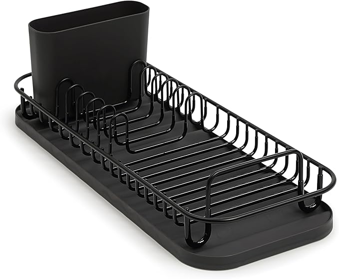 SunnyPoint 304 Stainless Steel NeverRust Compact Dish Drying Rack with Utensil Holder & Removable Drain Tray, Rustproof Small Dish Rack for Kitchen Countertop or Over Sink – Black