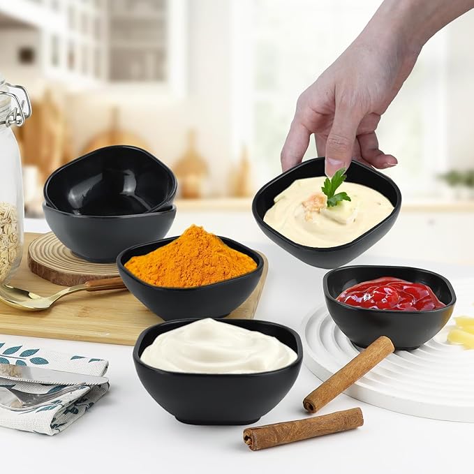 6 pack wheat straw dipping bowls 5oz,alternative plastic soy sauce dishes,unbreakable small dessert bowls microwave and dishwasher safe for snack,sushi,condiment (Black Series)