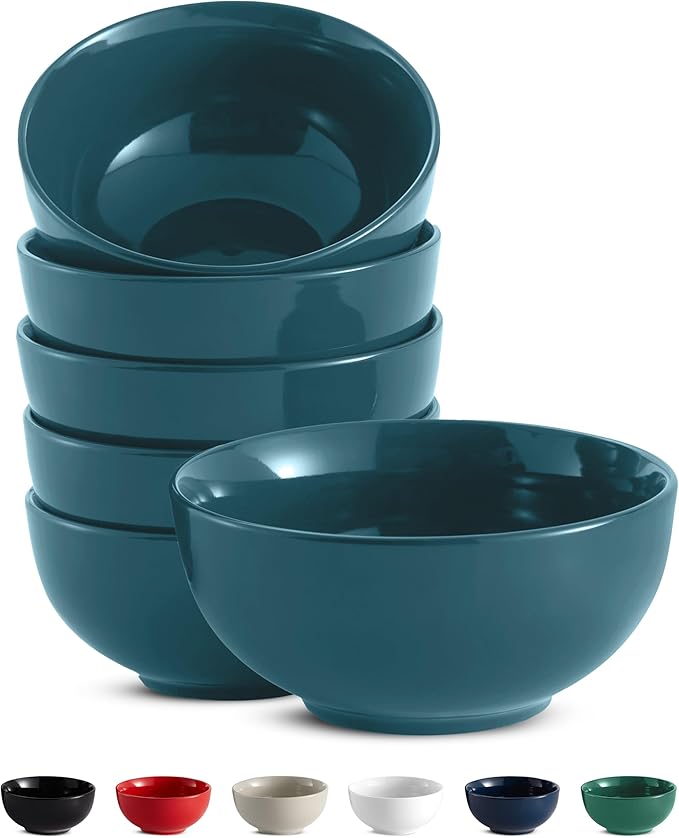 KooK Soup Bowls, Cereal Bowl, Ceramic, Bowls for Kitchen, Microwave, Dishwasher and Freezer Safe, Porcelain Dishes for Pasta, Salad, Oatmeal, Deep Interior, 20 oz, Set of 6, (Teal)