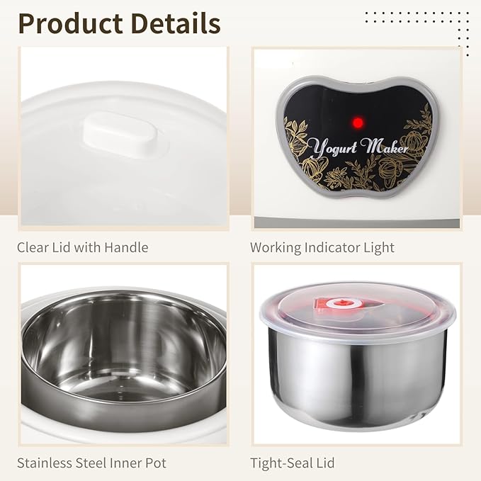 15W Yogurt Maker Machine, 1.2 L Automatic Stainless Steel Yogurt Maker with 5 Tight Seal Glass Jars, Auto Constant Temperature, PTC Heating, Home Yogurt Machine, Healthy Present