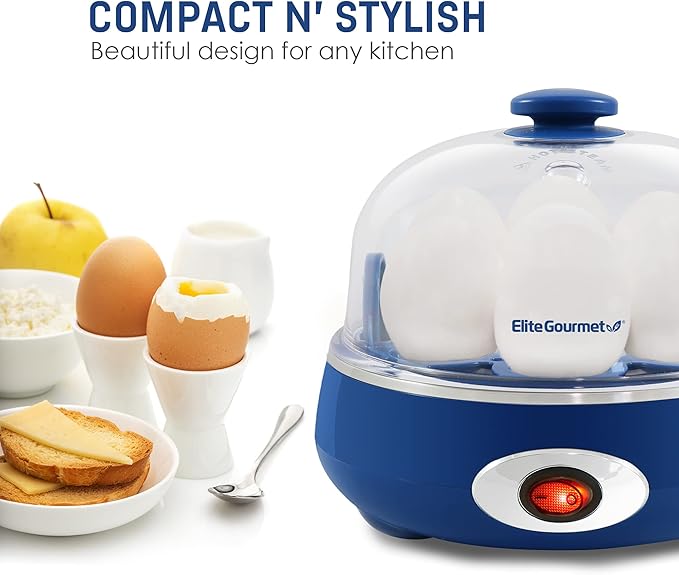 Elite Gourmet EGC322CBL Easy Egg Cooker Electric 7-Egg Capacity, Soft, Medium, Hard-Boiled Egg Cooker with Auto Shut-Off, Measuring Cup Included, BPA Free, Classic Blue