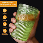 6pcs Vintage Drinking Glasses Set, 12 oz Green Highball Glasses, Embossed Ribbed Glassware Cups for Cocktail, Water, Juice, Coffee, Whiskey
