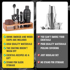 Bartender Kit with Whiskey Smoker - 13 pcs, Bamboo Stand - Bar Set with Cocktail Shaker, Bartending Kit with Essential Bar Accessory Tools, Wood Chips, Black Matte