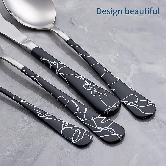 20-Piece Black cracks Silverware Set 18/0 Stainless Steel Silverware Set Yellow Handle Cutlery Black Set Service for 4 Dinner Knives Forks Spoons Set Flatware Set Finish Dishwasher Safe