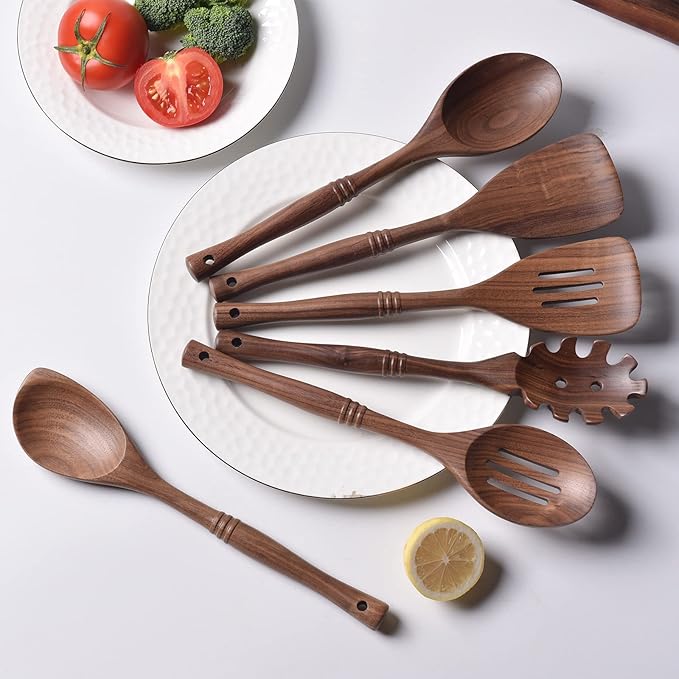 Gudamaye 12 inch Black Walnut Wooden Utensils - 6 Pcs Crafting Spoon Set for Cooking