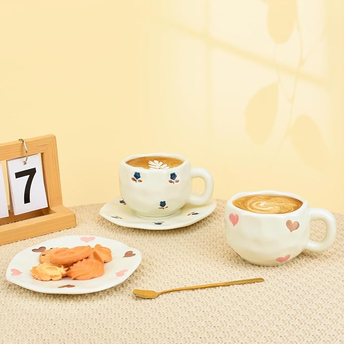 Koythin Ceramic Coffee Mug with Saucer Set, Cute Love Cup Unique for Office and Home, 10 oz/300 ml for Latte Tea Milk