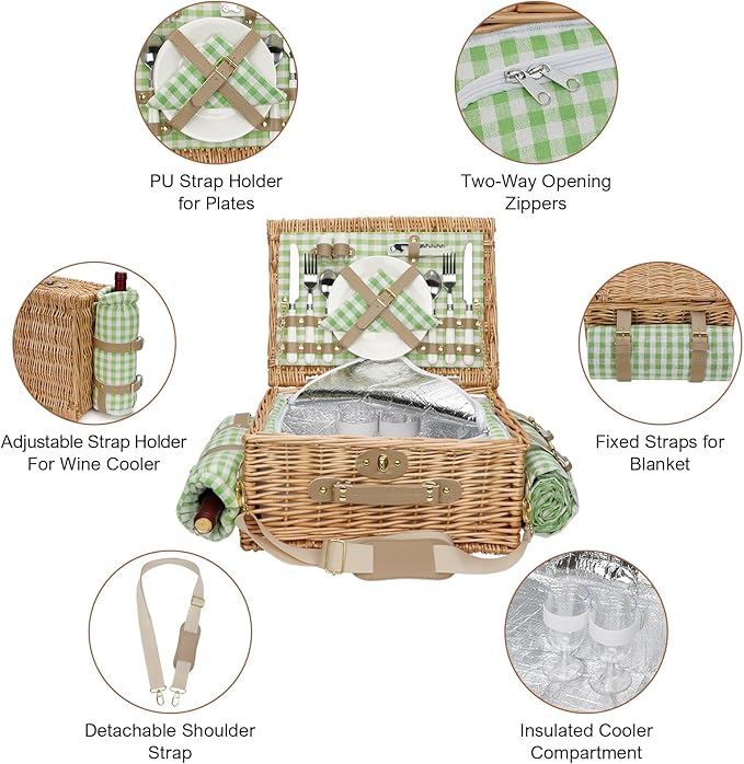Picnic Basket for 2, Insulated Willow Picnic Baskets with Shoulder Strap, Picnic Hamper with Waterproof Picnic Blanket, Handmade Wicker Hamper for Outdoor Camping, Green Check