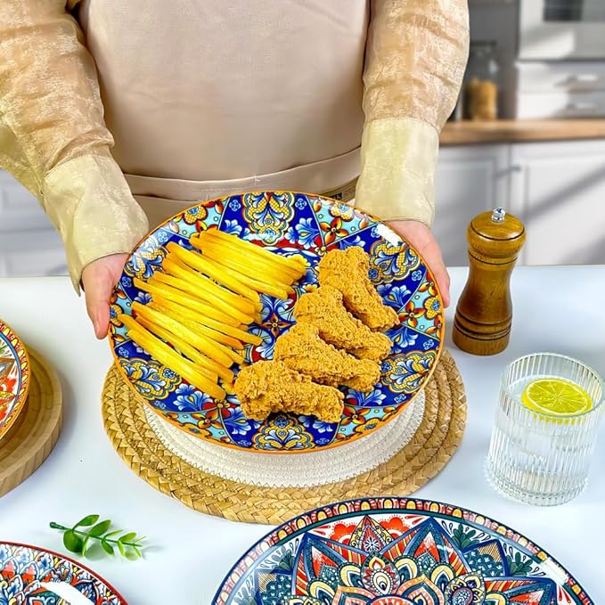 Dinner Plates 6 pcs,8.5 Inch Ceramic Plates, Microwave, Oven and Dishwasher Safe, Colorful Bohemian Style Dishes for Kitchen