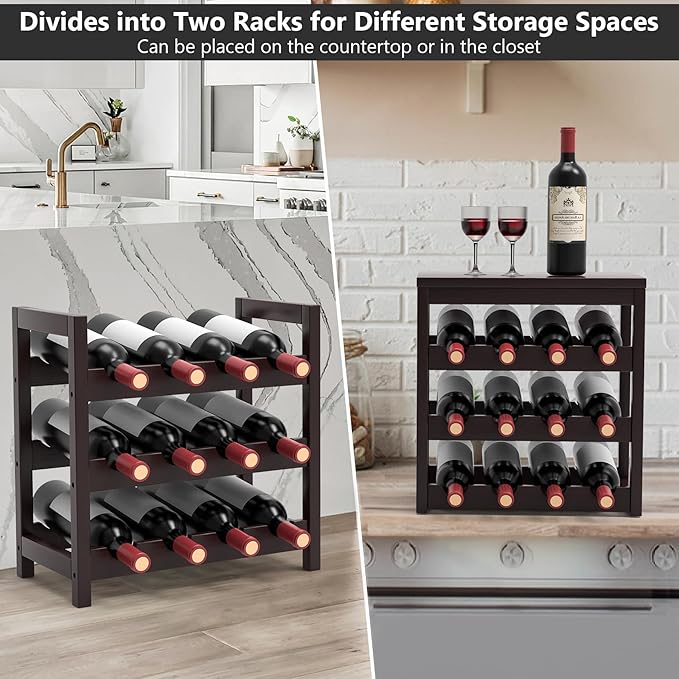 24 Botttle Wine Rack Freestanding Floor, 6 Tier Wine Rack Shelf with Table Top, Bamboo Wine Rack, Wine Storage Shelves Kitchen Bar Dining Room Living Room - Dark Brown