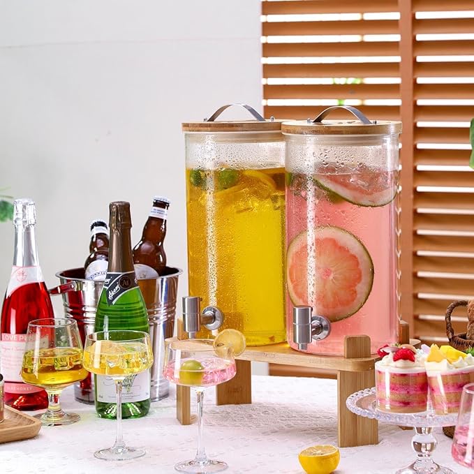 2 PCS Glass Drink Dispenser Set 1.5 Gallon With Stand, Spigot, Large Water Drink Dispensers for Parties for Lemonade, Juice, and Wedding, Bars