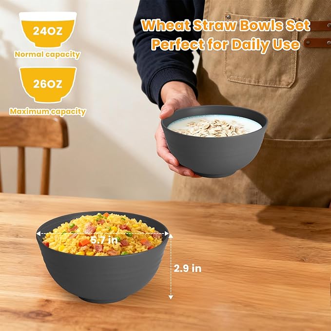 Hoimenly Wheat Straw Bowls for Kitchen, Unbreakable Cereal Bowl Set of 8, 26oz Microwave and Dishwasher Safe Bowls Set for Party, Camping, Alternatives to Plastic Bowl, Stackable Soup Bowls(Dark Grey)