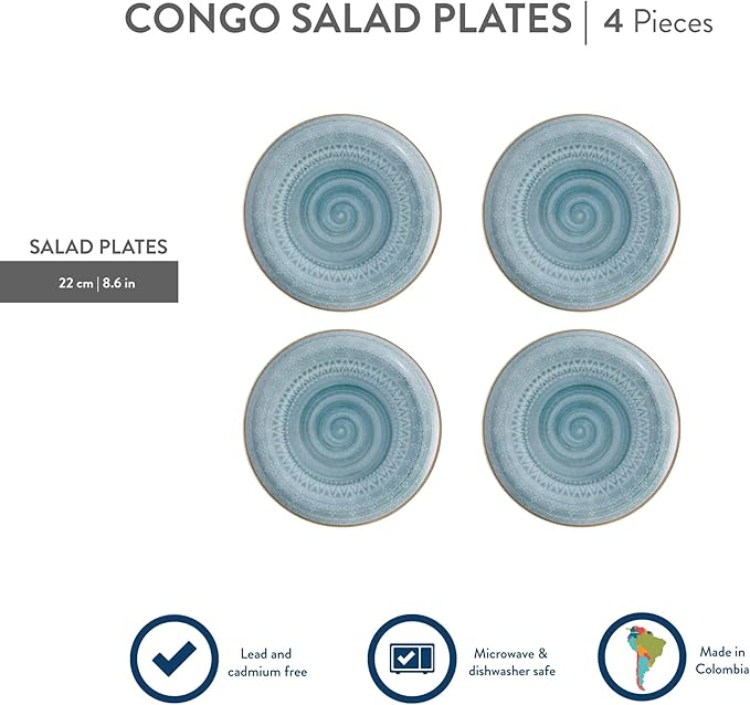Corona Ceramic SALAD PLATES Set of 4 | Congo 8.4 inch Dish Set | Microwave Oven Dishwasher Safe | Scratch Resistant Modern Rustic Dinnerware |Ethnic desing | platos ensalada