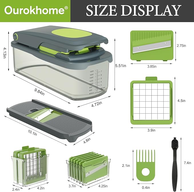 Ourokhome Food Chopper Manual Hand with Container, Mandolin Vegetable Slicer Onion Dicer with 8 Blades, Veggie Shredder for Potato, Tomato, Essential Kitchen Gadgets (8 in 1, Gray)