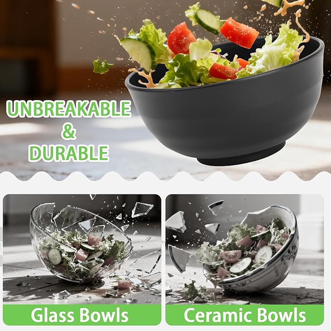Wheat Straw Bowls Set of 6, Unbreakable Lightweight 60 OZ Salad Bowls for Kitchen and Camping, Big Plastic Bowl for Serving, Cereal, Ramen, Soup, Microwave & Dishwasher Safe, Black