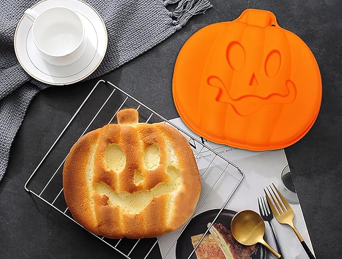 JETKONG 8-Inch Pumpkin Cake Pan Silicone Pumpkin Cake Mold 3D Pumpkin Shaped Baking Cake Tin (Orange)