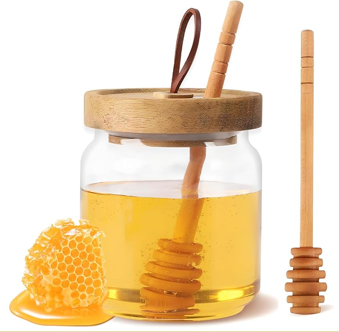 No Drip 18oz Glass Honey Jars with Wooden Dipper & Airtight Lid, Leakproof Kitchen Storage for Raw Honey Pot with Stick