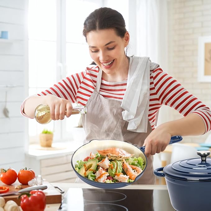 Ceramic Coated Cast Iron Cookware Set, 9-Piece Enameled Dutch Oven and Skillet Set with Lids, Nonstick Pots and Pans Set for Bread Baking, Oven Safe, Induction Compatible, PFAS-Free (Navy Blue)
