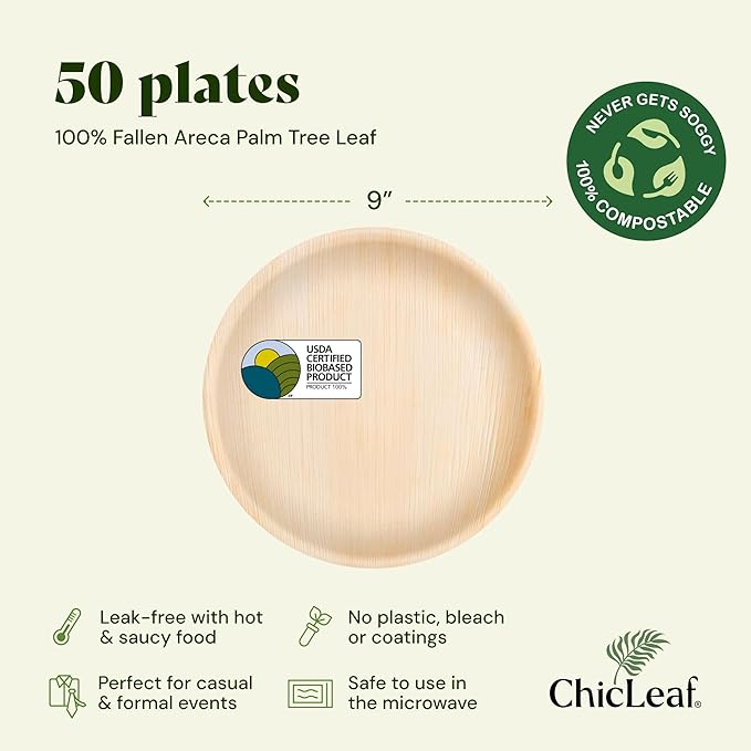 Chic Leaf Palm Leaf Plates - 9" Round - 50 Pack of 100% Compostable, Biodegradable & Disposable Bamboo Plates – Heavy Duty, Sturdy Paper Alternative for Wedding Desserts & Events