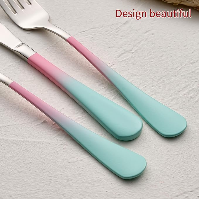 Colorful Silverware Set 20 Piece 18/0 Stainless Steel Flatware Pink and Green Handle Cutlery Set Service for 4 Fork Knife Spoon Set Mirror Finish Dishwasher Safe