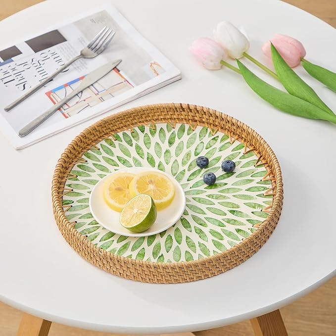 Round Rattan Tray for Home Decor 11.8 inch, Modern and Boho Decor Serving Tray with Mother of Pearl Inlay, Wicker Basket for Coffee Table, Hand Woven Decorative Tray Plates (Green)