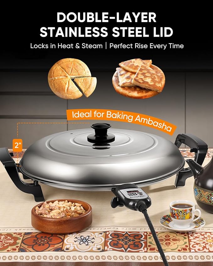 18.5" Ethiopian Injera Maker Mitad (Mogogo) Electric Griddle Adjustable Temperature & Time, Non-Stick Surface, Even Heating, Maker Norwegian Lefse, Swedish Pancake, Indian Dosa & Flatbreads