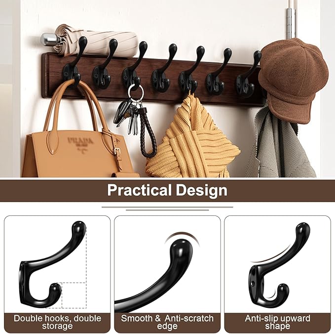 Coat Hooks, 16 Pack Black Metal Heavy Duty Screw-in Wall Hooks for Closet, Backpack, Bag, Clothes - Mounted Door Hooks for Classroom, Cubby Organization