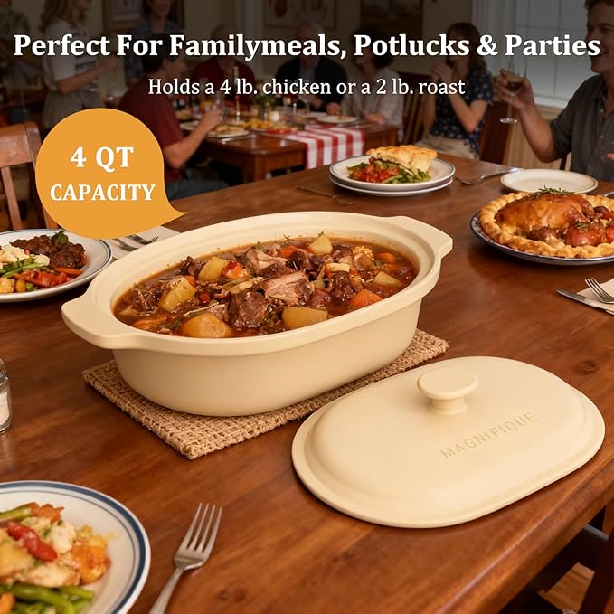 MAGNIFIQUE Casserole Dishes for Oven, 9x12 Porcelain Baking Dish, 4 Quarts Lasagna Pan with Handles and Lid, Oven Safe up to 500°F or on Stovetop, Use to Marinate, Cook, Bake, and Serve, Brown