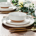 AmorArc 24 Pieces Ceramic Dinnerware Sets for 8, Handpainted Stoneware Plates and Bowls Set with Rustic Terracotta Underside, Scratch Resistant Dishes Set, Dishwasher & Microwave Safe, White