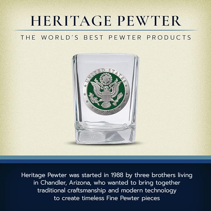 Heritage Pewter Army Square Shot Glass | Hand-Sculpted 1.5 Ounce Shot Glass | Intricately Crafted Metal Pewter Alma Mater Inlay