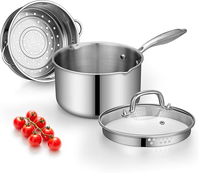 Tri-Ply Stainless Steel Sauce Pan with Steamer Basket & Straining Glass Lid — Heavy-Duty,Thick Base,Rust-Resistant,Warp-Free —100% Food-Grade —Built to Last– Works with All Stovetops, Pasta Pot 2.5 QT