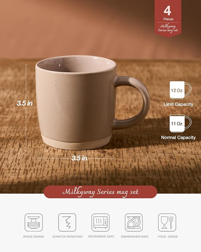 famiware Coffee Mugs for 4, 12 oz Mug Set, Dringking Cup with Handle for Coffee, Tea, Cocoa, Milk, Milkyway series, Cinnamon Brown