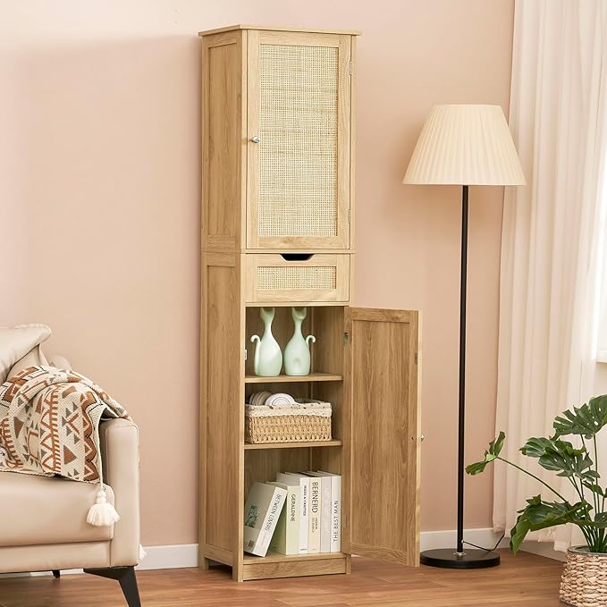 Iwell Tall Narrow Storage Cabinet with Doors, Rattan Cabinet with Adjustable Shelves, Freestanding Linen Storage for Living Room, Entryway, Kitchen, Bathroom, Natural