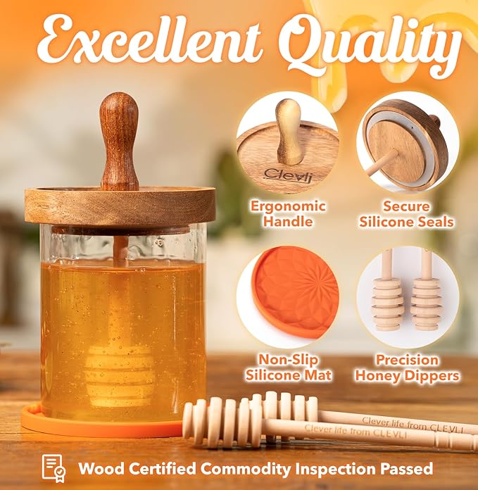 12 oz Honey Jar Set with Airtight Wooden Lid, 2 Extra Dippers, Silicone Mat & Custom Gift Box | Glass Container Honey Pot for Honey & Syrup | Durable & Stylish Kitchenware