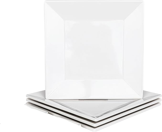 [4 Pack 8" x 8" White Square Melamine Plates, Unbreakable Elegant Dinnerware Set