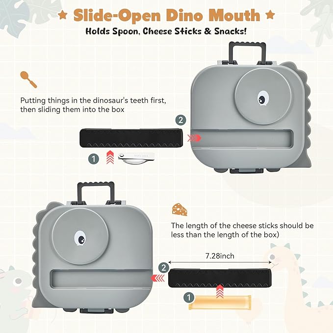 Bento Lunch Box with Thermo, 4-Compartment Bento Box with Adjustable Dividers, Leakproof Dinosaur Lunch Box with 14.2OZ Insulated Food Jar & Sauce Jar, for School Office Travel(Grey)